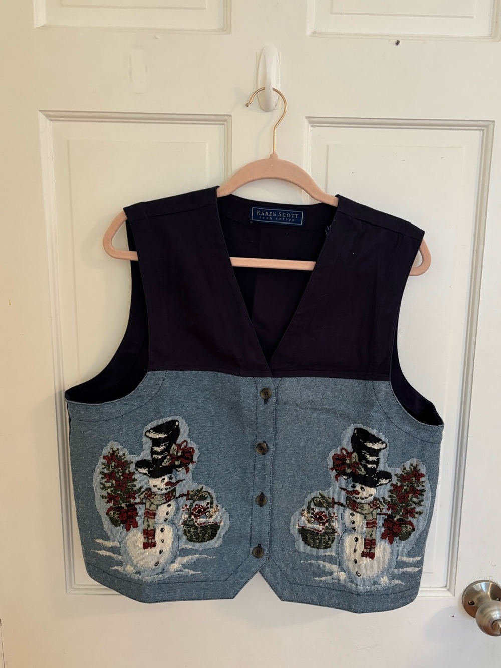 Karen Scott Holiday Snowman Button-Front Vest in Navy and Heather Blue Size XL